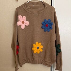 Brown Floral Appliqué Crewneck Sweater